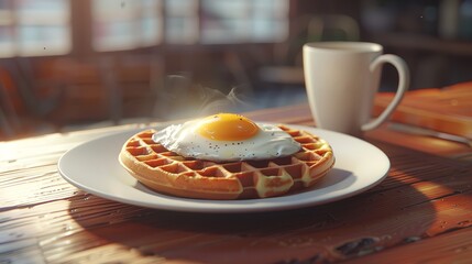 Sticker - White plate topped with a fried egg and waffles on top