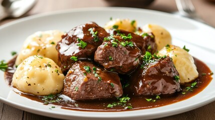 Wall Mural - A plate of boiled beef slices, served with dumplings and topped with a savory sauce, garnished with parsley for a comforting dish.