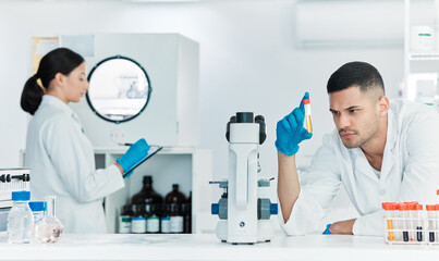 Aufkleber - Blood test, check and scientist in laboratory for science breakthrough, clinical trial and discovery. Biotechnology, medical results and vaccine research with sample tubes for mpox cure development