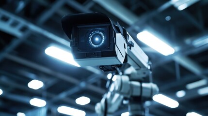 Poster - A surveillance camera mounted on a robotic arm, designed for monitoring and security.