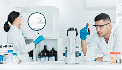 Poster - Blood test, man and scientist in laboratory for science breakthrough, clinical trial and discovery. Biotechnology, medical results and vaccine research with sample tubes for mpox cure development