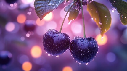 Two cherries with water droplets against a colorful background.