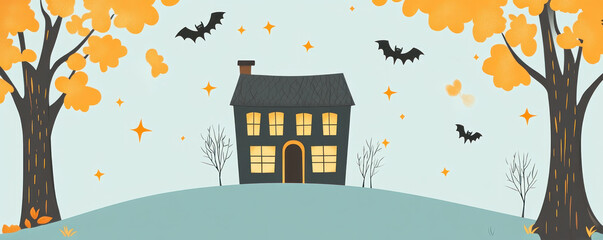 A house with bats flying around it. The house is on a hill and the bats are flying in the sky