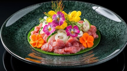 Beautifully arranged tartare beef flower circle salad with raw beef, onion, carrot, and flowers on a green plate. The black reflective table enhances the luxurious Japanese dining experience.