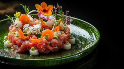 Beautifully arranged tartare beef flower circle salad with raw beef, onion, carrot, and flowers on a green plate. The black reflective table enhances the luxurious Japanese dining experience.