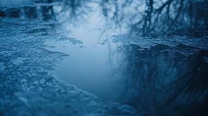 Wall Mural - A serene reflection of trees on a frozen pond, showcasing tranquil blue tones. Perfect for nature and winter themes.