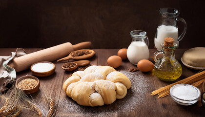 A cozy kitchen scene with raw dough, eggs, and essential ingredients for baking delicious pastries and bread.