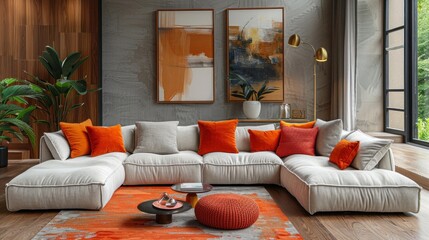 Sticker - Modern Living Room Interior Design with Orange Accents