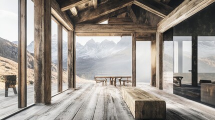 Modern, rustic cabin interior with large windows, wooden beams, and mountain views, blending nature and architecture seamlessly.