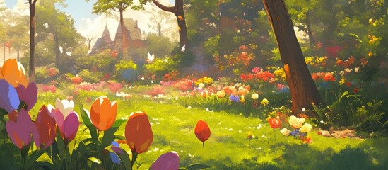 Wall Mural - Painting of a lush garden scene featuring a vibrant bouquet of tulips