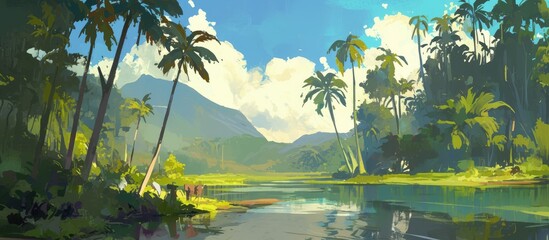 Wall Mural - Painting of coconut palms over a river in a lush jungle setting