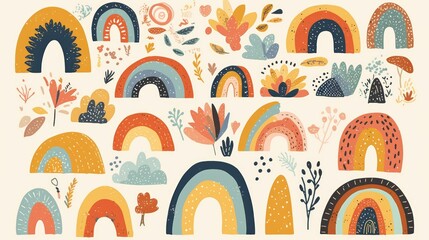 Wall Mural - Set of charming colorful rainbows Extensive modern collection of Scandinavian style rainbows Hand drawn vector illustrations in a children s bohemian theme