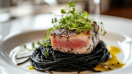 Wall Mural - Close-up of a juicy grilled tuna steak paired with black spaghetti, garnished with fresh herbs and served on a minimalist white plate.