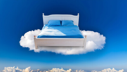 Wall Mural -  Bed Floating in a Blue Fluffy Cloud in the Sky Symbolic for Good Sleep A whimsical image of_1(159)