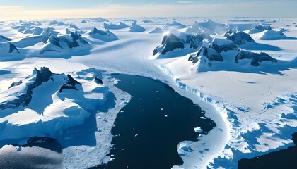 Wall Mural - Majestic Aerial View of Antarctic Coastline Showcasing Glaciers and Icebergs, Emphasizing Frozen Wilderness and Climate Change Awareness