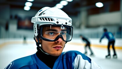 Sticker - Caucasian man adjusting hockey helmet visor on ice rink, symbolizing dedication and focus during intense practice session