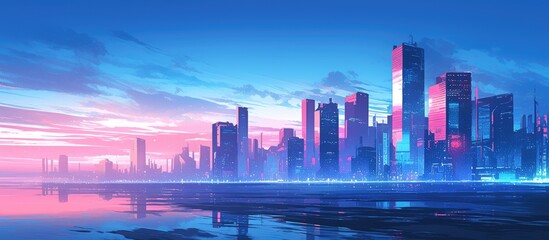 Wall Mural - Panoramic view of modern financial district buildings along a river illuminated by the soft light of sunrise