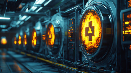 Wall Mural - Nuclear safety mechanisms in place during atomic fission, featuring protective shields and containment structures 