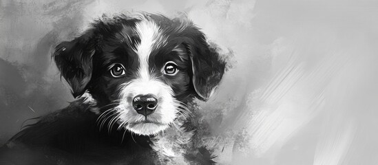 Black and white painting of a puppy with an innocent expression