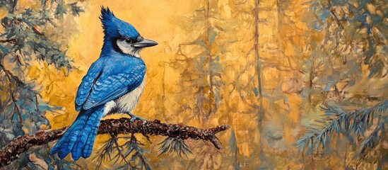 painting of a blue stellar jay bird resting on a pine tree in a natural setting