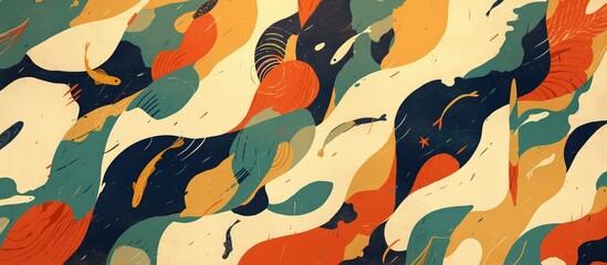 Poster - abstract artwork featuring a repeating pattern of organic ocean inspired shapes against a colorful b