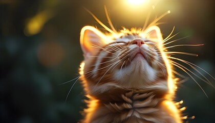 Joyful and Serene Close-Up of a Contented Smiling Cat with Closed Eyes in Sunlight, Capturing Feline Relaxation and Playful Whimsy