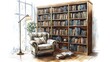 © HuynhThiThuy - A sketch of a cozy reading nook with a vintage armchair, a tall wooden bookshelf, and a floor lamp casting soft light. The space is filled with warmth,