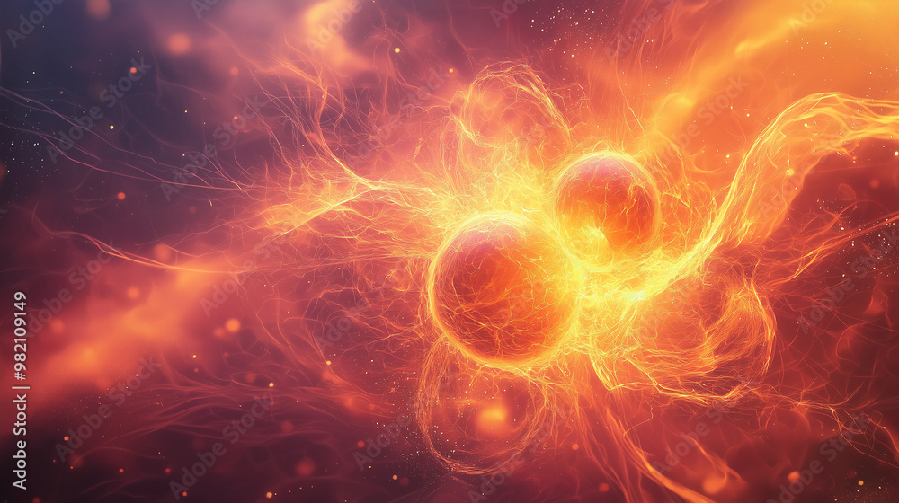 Fusion and fission processes combined, showing atomic energy generation and particle interactions 