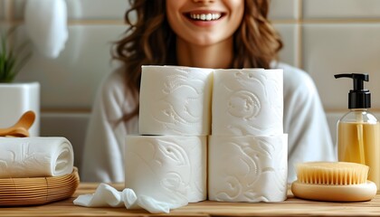 Wall Mural - Joyful woman amidst bathroom essentials, highlighting hygiene and comfort in daily routines with a close-up of toilet paper roll