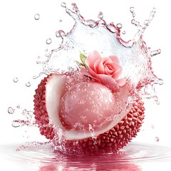 A lychee fruit with a rose on top is splashed with water.