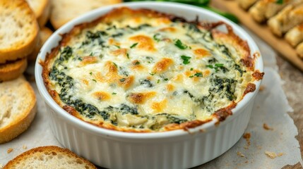 Wall Mural - Creamy spinach artichoke dip topped with golden melted cheese, served with toasted bread and crispy crackers. Perfect for a party or casual get-together.