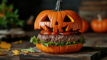 Creative Halloween burger with a pumpkin-shaped bun and thick beef patties, perfect for a spooky holiday meal. A fun twist for Halloween food concepts.