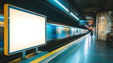 Wall Mural - big mock up of blank showcase billboard or advertising light box for your text message or media content at train station in the city, commercial, marketing and advertising concept