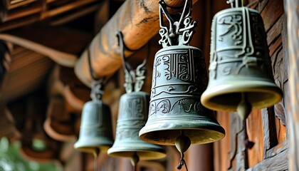 Intricate engraved brass bell hanging from wooden structure, symbolizing historic landmarks and rich cultural heritage in traditional architecture