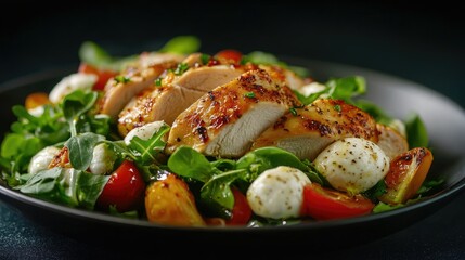 Delicious chicken fillet and mozzarella salad with greens, styled on a plate and set against a black background, perfect for highlighting the freshness of a healthy meal.