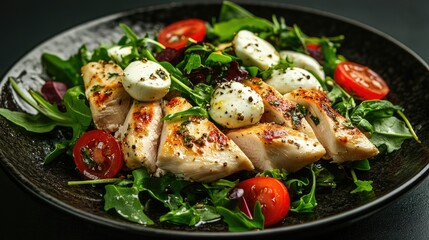 Delicious chicken fillet and mozzarella salad with greens, styled on a plate and set against a black background, perfect for highlighting the freshness of a healthy meal.