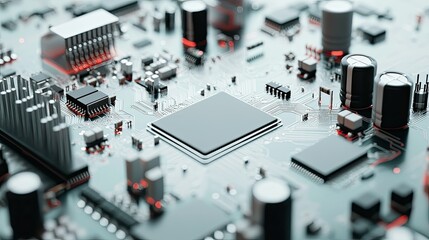 Detailed view of a wireless audio circuit with microchips and resistors, isolated on a white background. Perfect for electronics and tech themes.