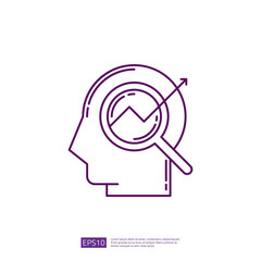 Poster - Purple line art icon of human head with magnifying glass over chart, concept of data analysis, research, and insights.