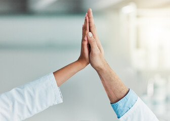 Aufkleber - High five, cure success and people in laboratory for science breakthrough, clinical trial or discovery. Medical victory, target or scientist with innovation for vaccine research, goals or development