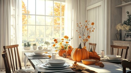 Dining table with pumpkins near a bright window, filling the room with a soft, autumn glow. The seasonal decor creates a cozy and inviting atmosphere.