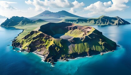 Wall Mural - Breathtaking volcanic island emerging from clear blue waters with stunning crater views, showcasing natures beauty and geological wonders.