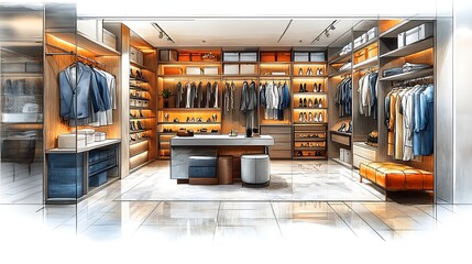 Sketch of a high-end walk-in closet with sleek clothing racks, a display wall for shoes, and a minimalist vanity area. The space is bright and spacious,