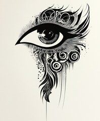 Wall Mural - A stylized black and white illustration of an eye with intricate designs.