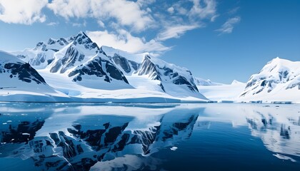 Wall Mural - Breathtaking Antarctic coast featuring massive glaciers, serene blue waters, stunning mountain reflections in a pristine frozen wilderness of polar exploration