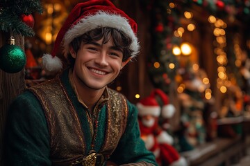 young man in an elf costume is smiling, sitting inside an elven house with Christmas decorations and garlands on the walls