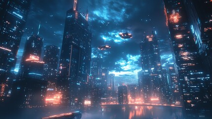 a futuristic cityscape at night with glowing lights and flying vehicles.