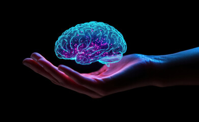 Poster - Hand holding glowing brain artificial intelligence concept