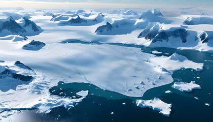 Wall Mural - Majestic Aerial View of Antarctic Coastline Showcasing Glaciers and Icebergs, Emphasizing Frozen Wilderness and Climate Change Awareness