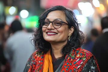 Vivid Evening: Joyful Woman in Urban Nightlife. A middle-aged South Asian woman in vibrant attire, smiling in a lively city environment.
