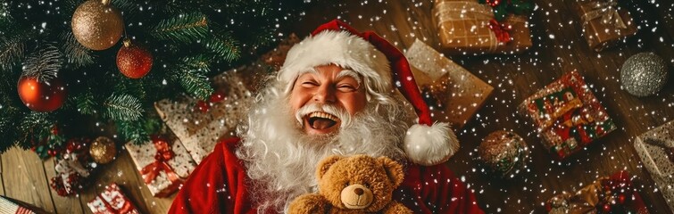 Joyful Santa Claus laughing with a teddy bear amidst festive decorations and gifts, capturing the magic of Christmas spirit.